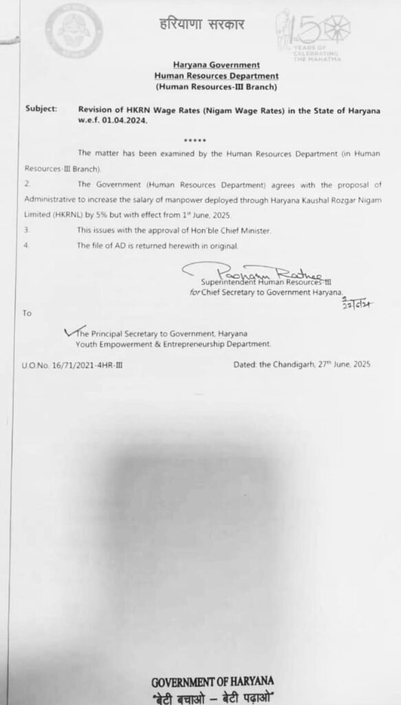 हरियाणा सरकार ने HKRN कर्मचारियों के वेतन में 5% वृद्धि की घोषणा की